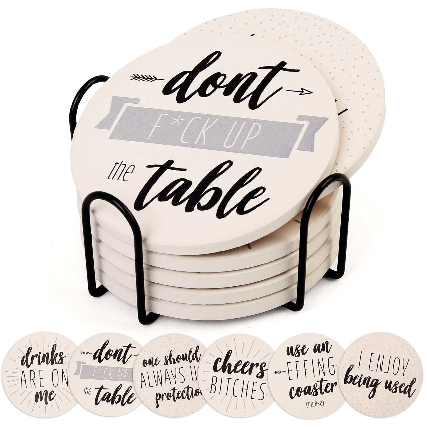 LotFancy 6PCS Ceramic Coasters with Cork Base, Round Coasters with 6 Humorous Sayings, Non-Slip, Bar Room Decor, Housewarming Gift