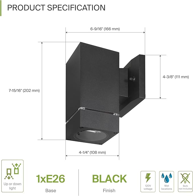 ASD 1 Light Square Outdoor Wall Light Fixture | 60W E26 Bulb Socket 120V ETL Cylinder Up Down Lights | LED/CFL/Incandescent Bulb Exterior Wall Sconce | Front Door, Porch Patio | Ringed Black, 6 Pack
