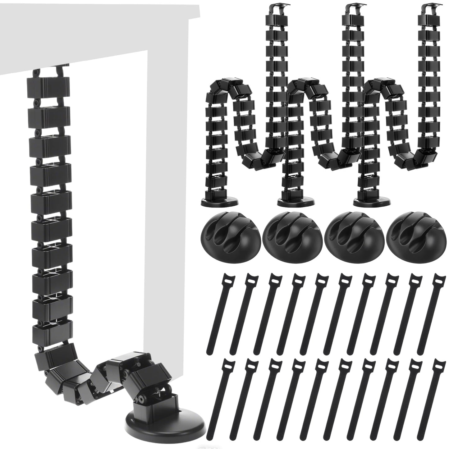 Yaomiao 4 Pack Under Desk Vertebrae Cable Management Kit Standing Desk 48'' Adjustable Quad Entry Flexible Cord Organizer with Ties, Stick-on Clips Cable Management Set for Home User Office Worker