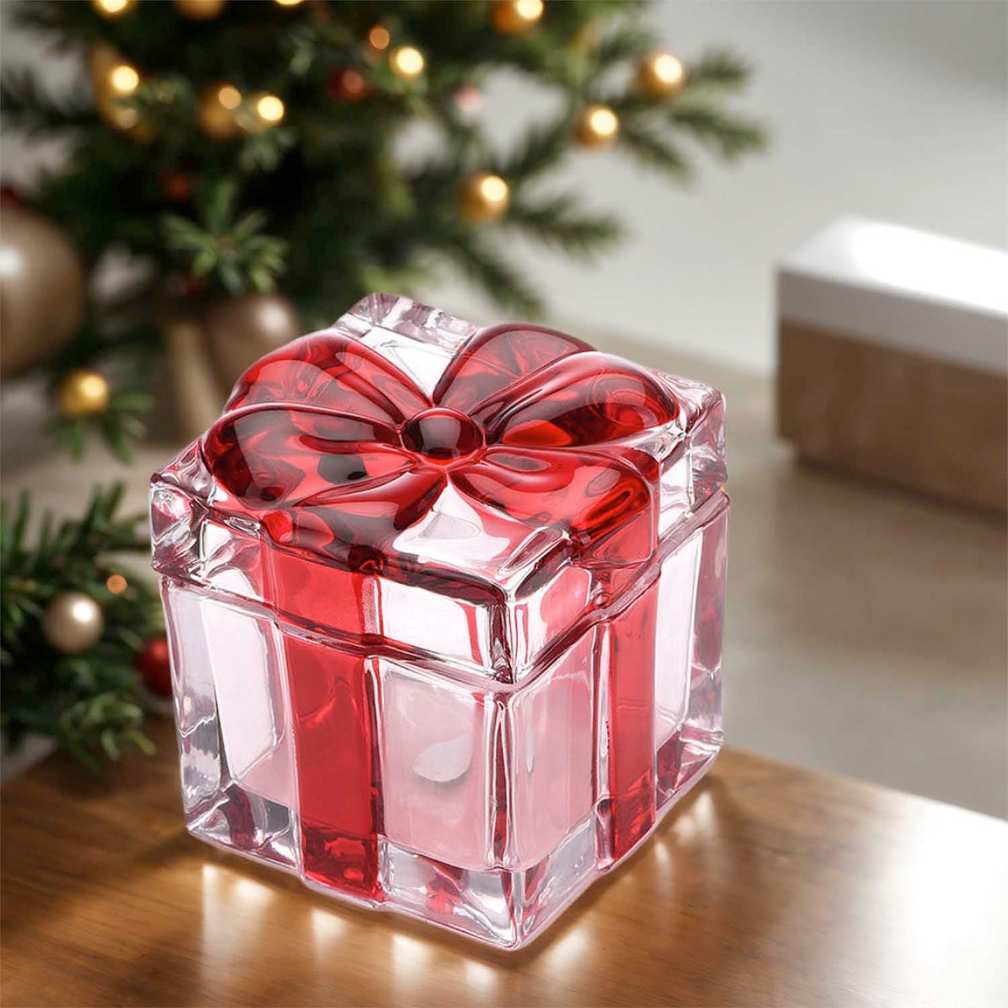 Gkesgm Set of 2 Christmas Candy Jar Red Glass Sugar Jar with Bowknot Lid,Square Crystal Peppermint Sweets Dish, Serving Tray, Serving Platter,Christmas Holiday Decor