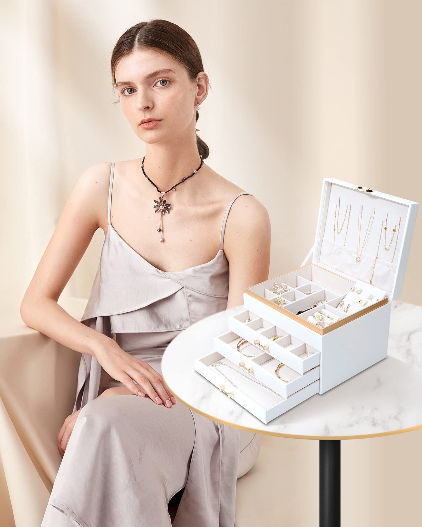 V-LAFUYLIFE Jewelry Box for Women,4-Layer Leather Jewelry Holder Organizer with 3 Drawers Large Jewelry Storage Boxes, Lots of Storage Space For Ring,Necklace,Bracelets,Earring（White）