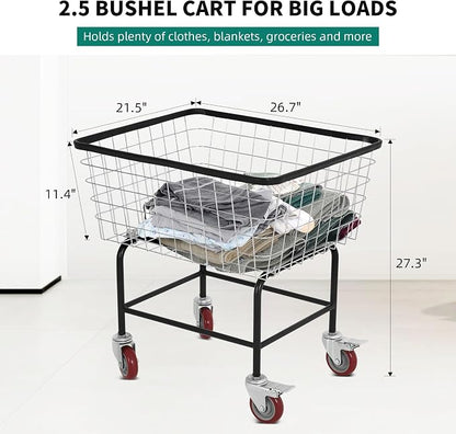Wire Laundry Cart with Wheels, 2.5 Bushel Rolling Laundry Basket, Commercial Basket Carts for Laundry Room, Hotel, Home, Apartment Use, Durable Steel Frame with Galvanized Finish, 5" Casters