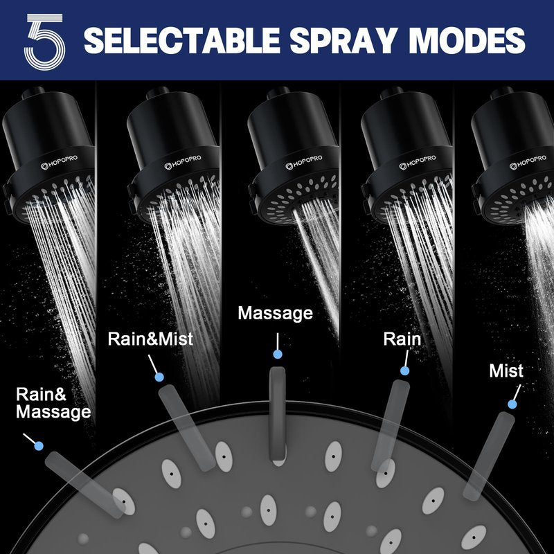 Filtered Shower Head with 5 Modes, HOPOPRO High Pressure Showerhead with Filter, 2-In-1 Fixed Showerhead Filter for Hard Water, Remove 99% Chlorine, Improves Skin Hair Condition (4 Inch Matte Black)