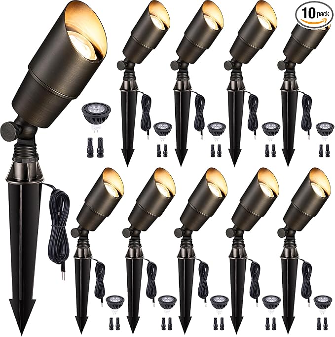 Gardenreet LED Low Voltage Spotlight - 12V AC/DC Bronze Outdoor Light Fixture, Brass Landscape Lights Hardwired, Weather Proof for Wall Wash Flag with Warm White MR16 Removable Bulbs (10 Pack)