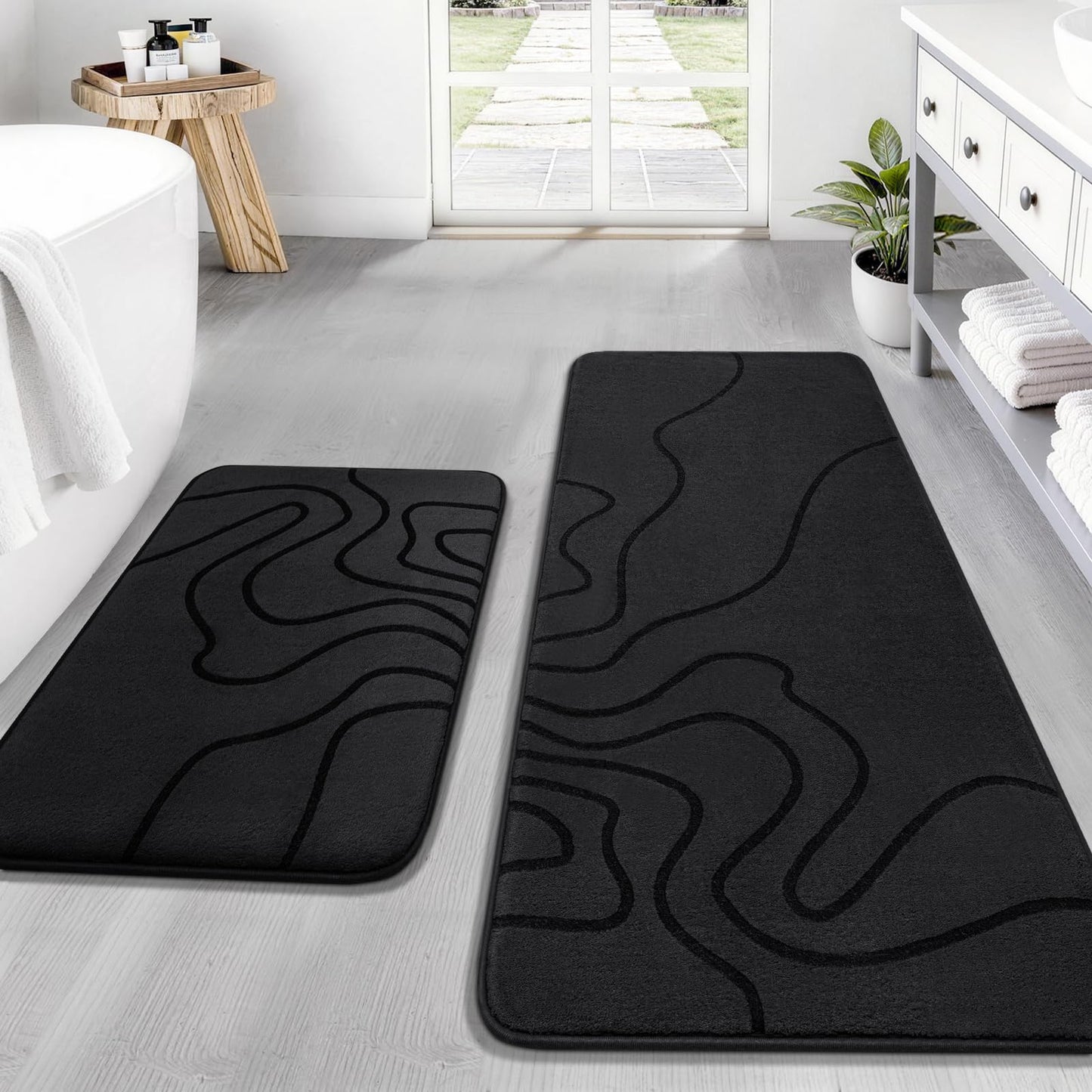YIHOUSE Memory Foam Bathroom Rugs Sets 2 Piece - Extra Thick Ultra Soft Absorbent Bath Mat Set, Non-Slip Machine Washable Bath Rugs for Bathroom, Tub & Shower, Home Decor (17"x24"+20"x46", Black)