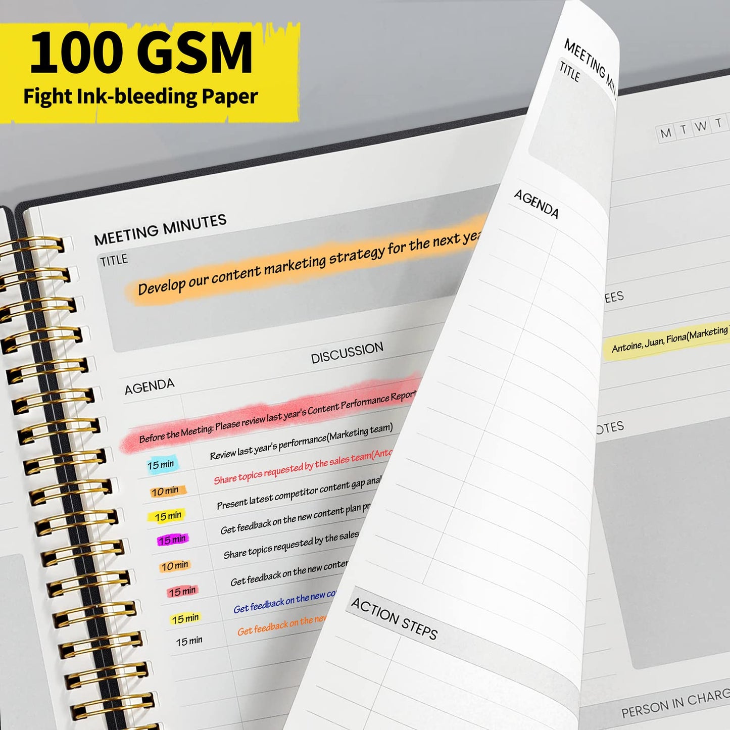 SUNEE Meeting Notebook for Work with Sticky Tabs - 160 Pages, A4 Size Project Planner, Spiral Meeting Agenda/Minutes Notebook Organizer for Women Men, Note Taking, Office & Business, 8.5"x11", Black
