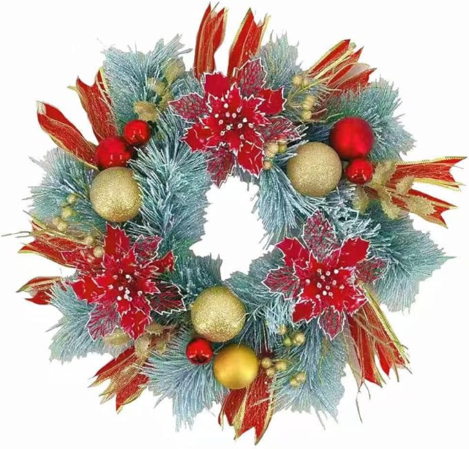 20 Inch Christmas Wreath for Front Door, Artificial Golden Glitter Wreath with Red Poinsettia Flowers Balls Ornaments for Door Wall Window Fireplace Party Decor