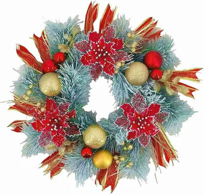 20 Inch Christmas Wreath for Front Door, Artificial Golden Glitter Wreath with Red Poinsettia Flowers Balls Ornaments for Door Wall Window Fireplace Party Decor
