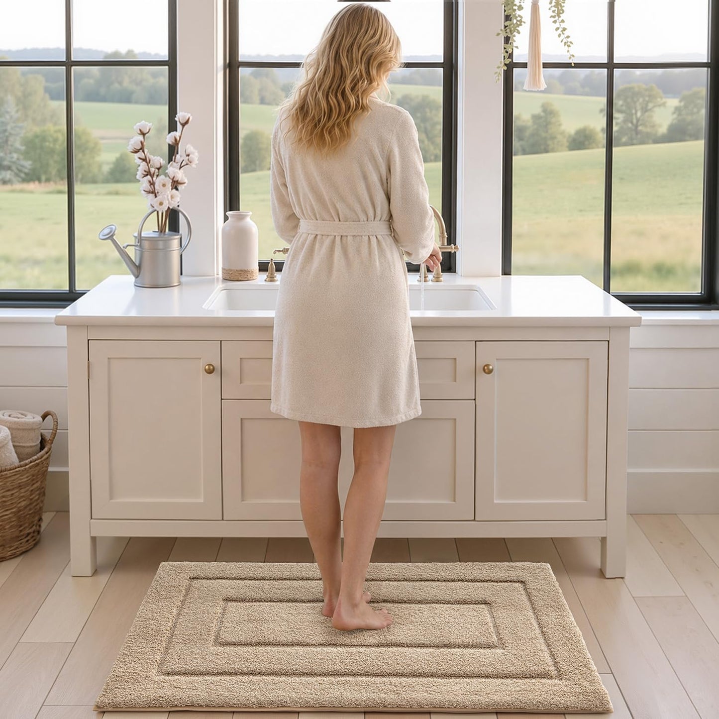 DEXI Bathroom Rug 32x20, Non Slip Washable Bath Mat for Shower Floor, Absorbent Soft Bathmat with Rubber Backing, Quick Dry Microfiber Carpet, Beige