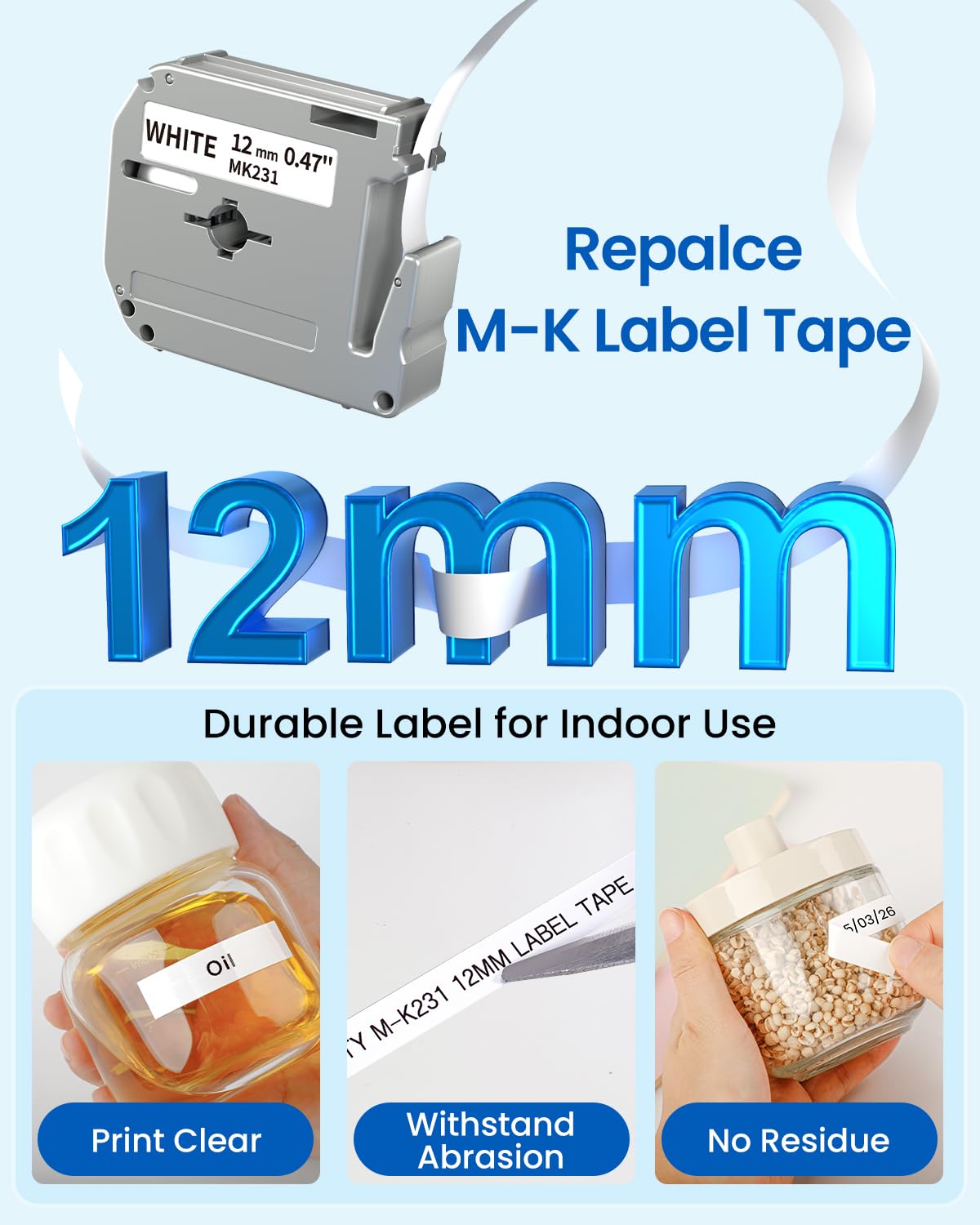 Colorty M-K231 12mm Label Tape Replace for Brother P Touch M Tape, MK231 M-K231S M231 1/2" 0.47" Black on White, for Brother PTouch Label Maker PT-M95 PT-90 PT-80 PT-70 PT-65 PT-45, 6 Pack