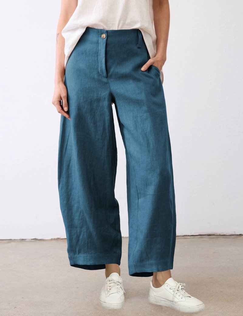 Tanming Womens Linen Pants Casual Capri Baggy Wide Leg Trousers Palazzo Pants Beach Vacation Outfits (Blue-S)
