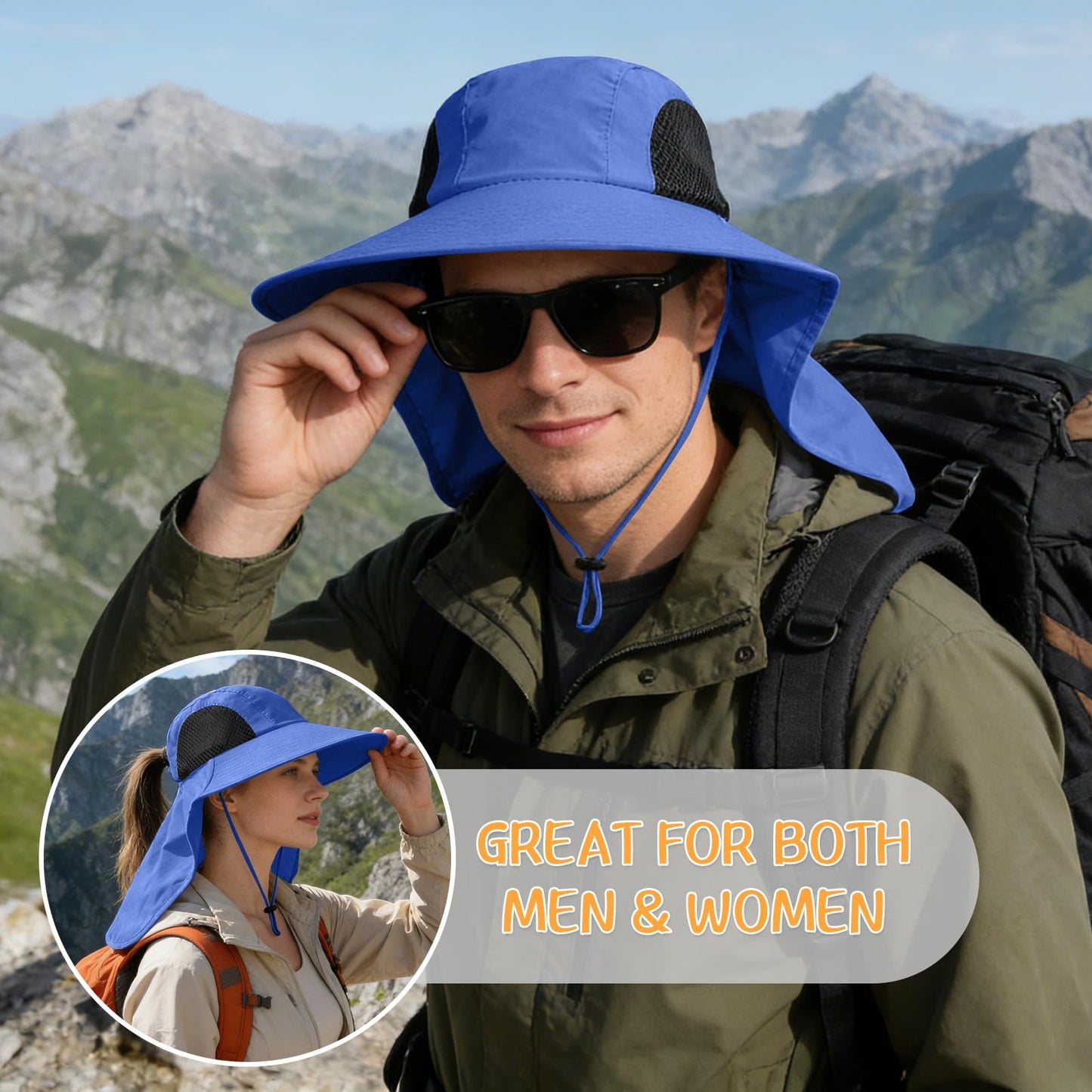 Sun Hat for Men Women with Neck Flap,UPF 50+ UV Protective Hiking Fishing Hats,Wide Brim Sun Hat for Women&Men