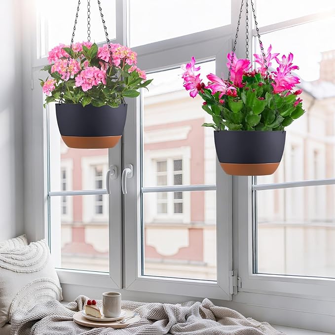Set of 2 10 Inch Self Watering Hanging Planters for Indoor Outdoor Plants, Color Blocking Hanging Baskets Flower Pots with Drainage Hole & Removable Water-Storage Tray and 20" Chain Hanger