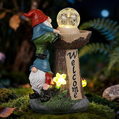 Solar Gnome Statue with Glowing Globe Light,Weatherproof Resin Garden Figurine Decor Auto On/Off - for Patio,Yard & Housewarming (Reminder: IT is NOT A Real Fountain)