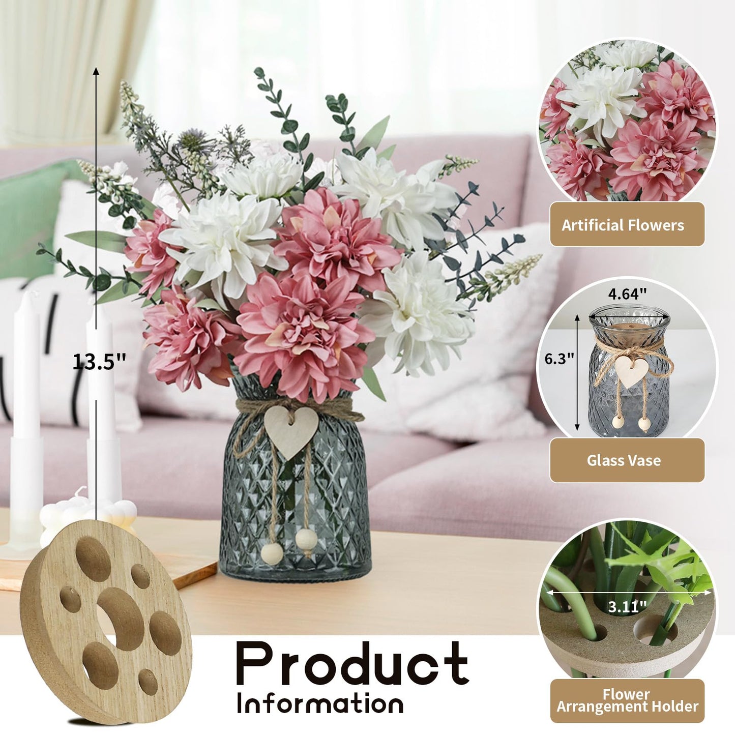 SHINFHOMF Fake Flowers in Vase,8 Dahlias,Silk Artificial Flowers in Vase,Faux Flowers in Vase with a Flower Arrangement Holder,Centerpiece Table Decorations