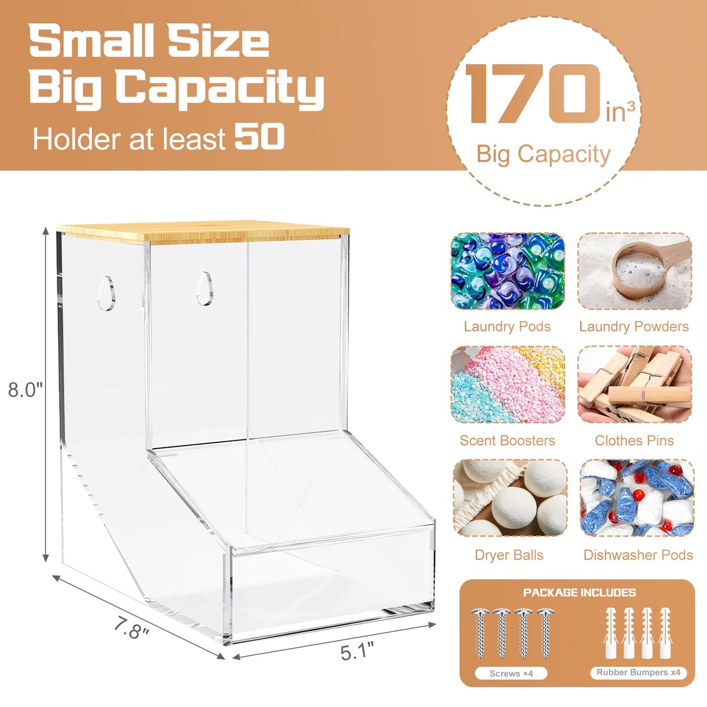 JYPS Laundry Pods Container, Acrylic Dishwasher Pods Holder w/ 2 Lids, Dispenser For Powder, Dryer Balls, Beads, Soap Organizer For Room Desktop / Wall Mount, Snack Candy Organization Storage