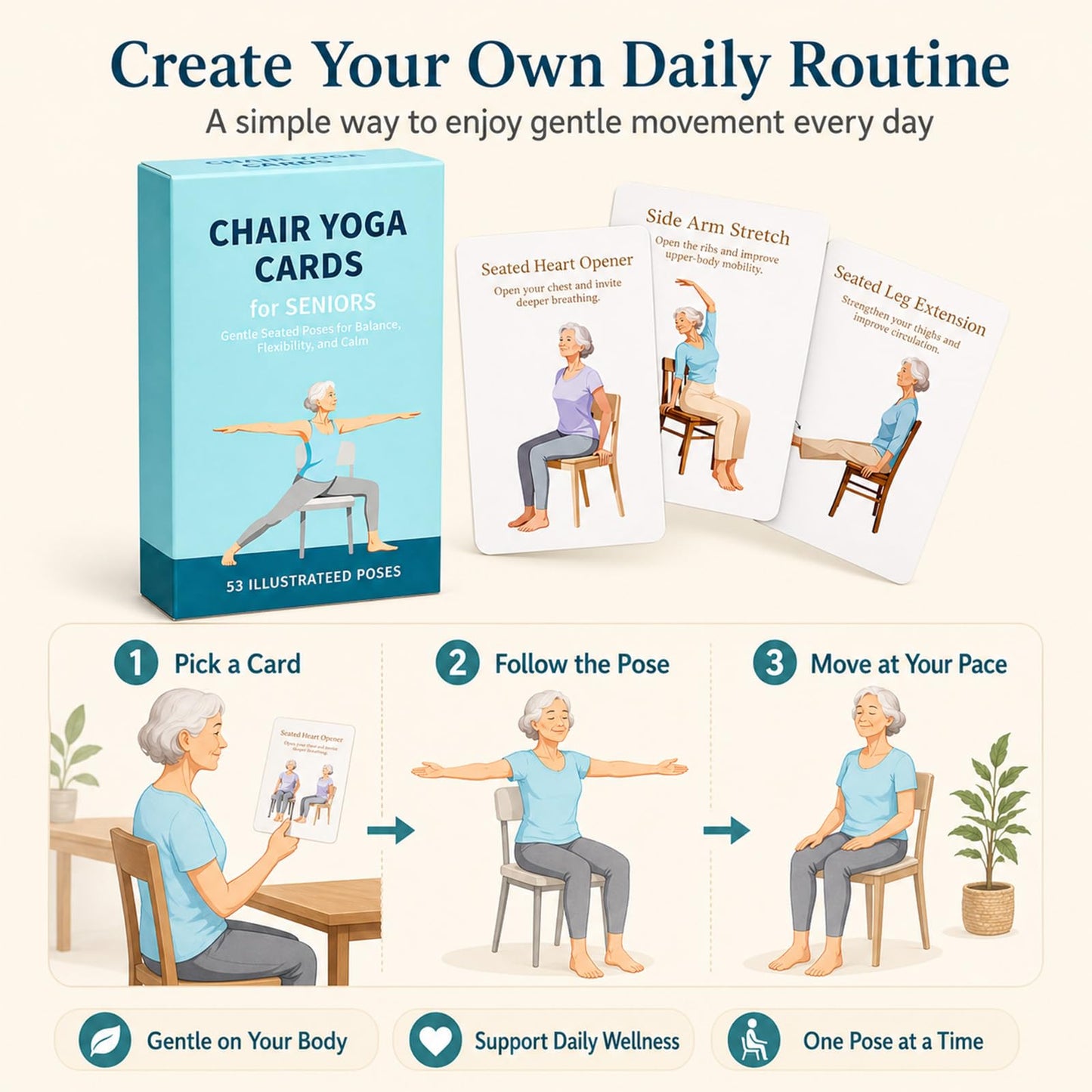 HuanRanYo Oversized Chair Yoga Cards for Seniors, 53 Seated Yoga & Stretch Poses, Large-Print Step-by-Step Exercise Deck with Storage Box, Low-Impact Mobility & Flexibility Workouts for Older Adults