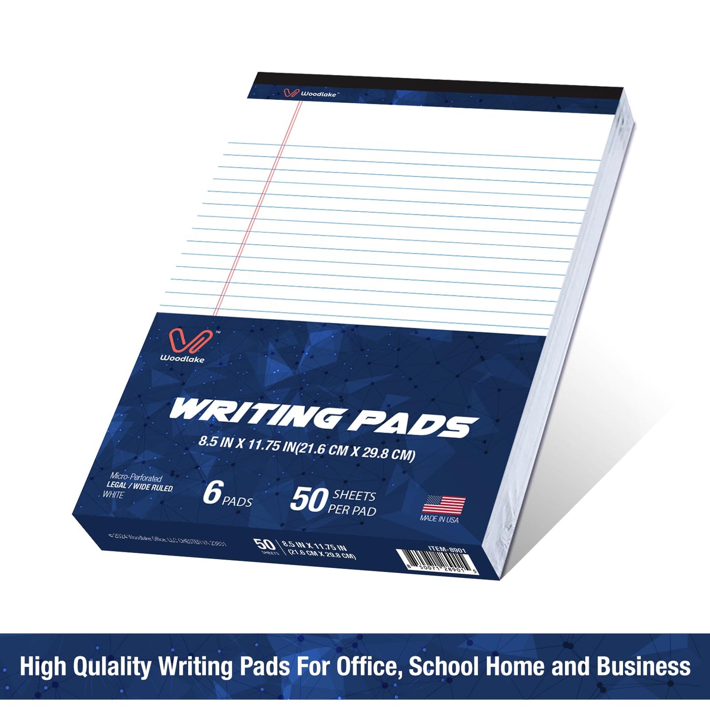 Woodlake Legal Pads 8.5 x 11, 6 Pack, Wide Ruled, Premium White Paper Pad No Ink Bleed, Micro‑Perforated, Sturdy Chipboard Back, 50 Sheets/Pad,for School, Office & Home, Made in USA