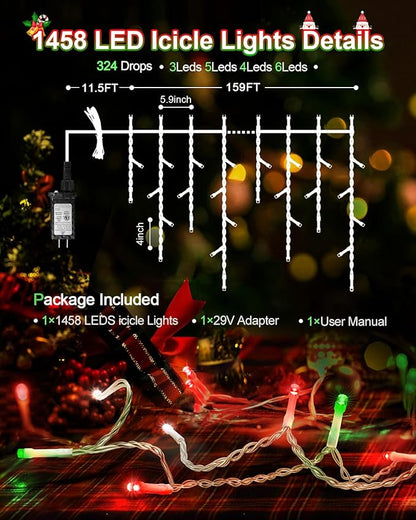159 FT Christmas Lights Outdoor, 1458 LED Waterproof Outside Christmas Lights Plug in, Timer & Memory, 8 Modes Fairy Lights with 324 Drops for House Eaves Yard Patio Red Green and Cool White