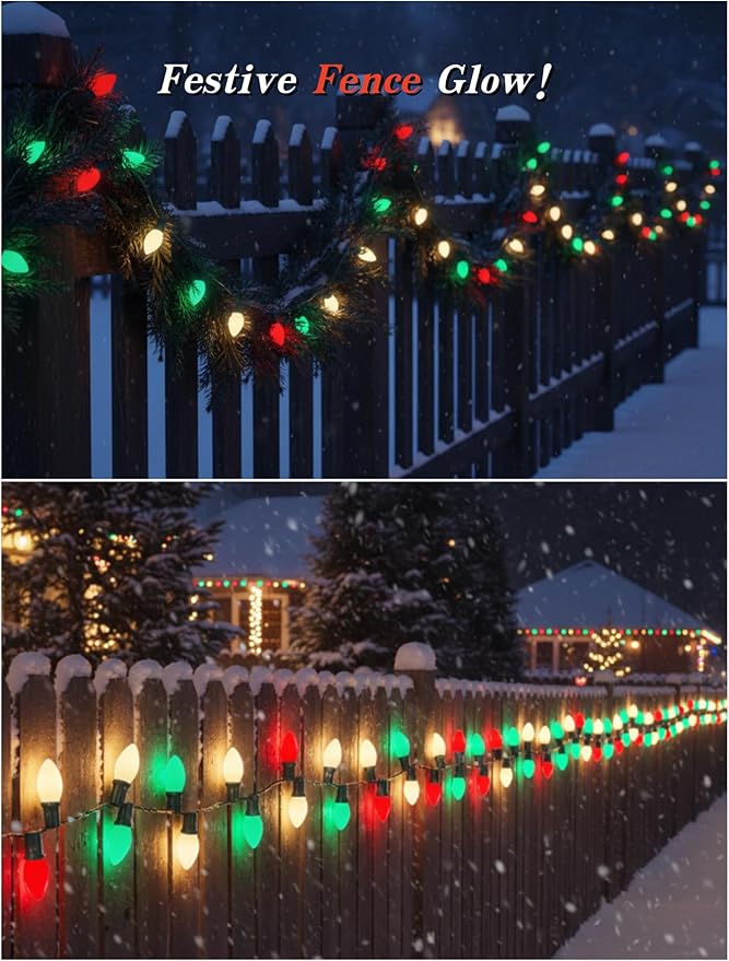 Red Green White LED Christmas Lights,25FT Waterproof C9 Multicolor Christmas Lights Outdoor with 26 Shatterproof Bulbs,Commercial Hanging Xmas Light for Roof Patio Balcony Party Xmas Decor