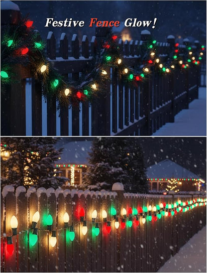 Red Green White LED Christmas Lights,25FT Waterproof C9 Multicolor Christmas Lights Outdoor with 26 Shatterproof Bulbs,Commercial Hanging Xmas Light for Roof Patio Balcony Party Xmas Decor