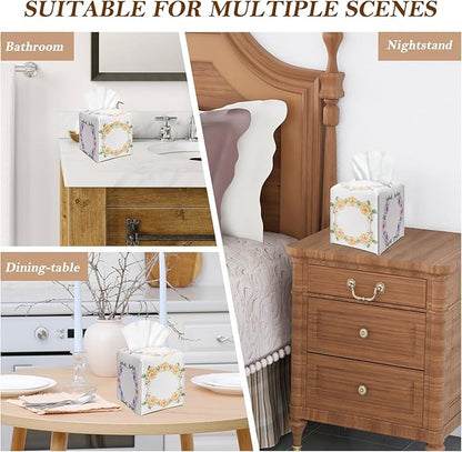 Yellow Floral Wreath Tissue Box Cover Square, Leather Tissue Holder with Bottom Belt, for Nightstands Desks Office Bathroom Car Vanity Home Decor Supplies -023