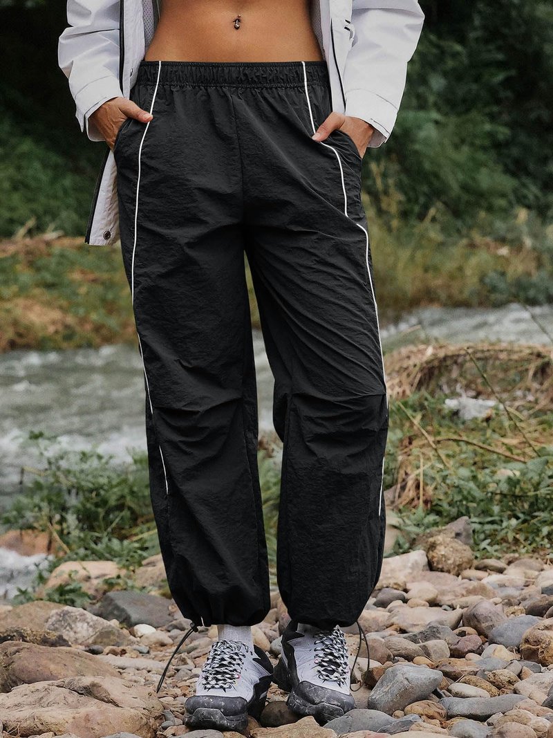 Yousify Womens Baggy Parachute Pants Wide Leg Elastic Waisted Contrast Track Pants Y2K Hiking Jogger Sweatpants with Pockets Black