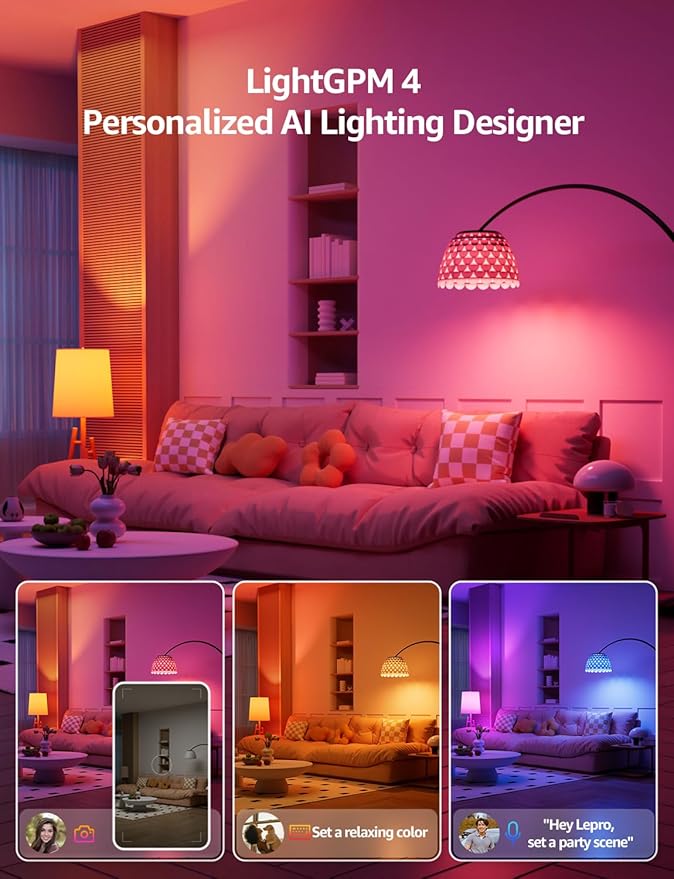 Lepro B1 AI Smart Light Bulbs - WiFi & Bluetooth RGBWW Color Changing LED Bulb Works with Alexa & Google Assistant, Personalized Al Lighting Designer, AI Voice Control, Music Sync, 2.4GHz Only, 4 Pack