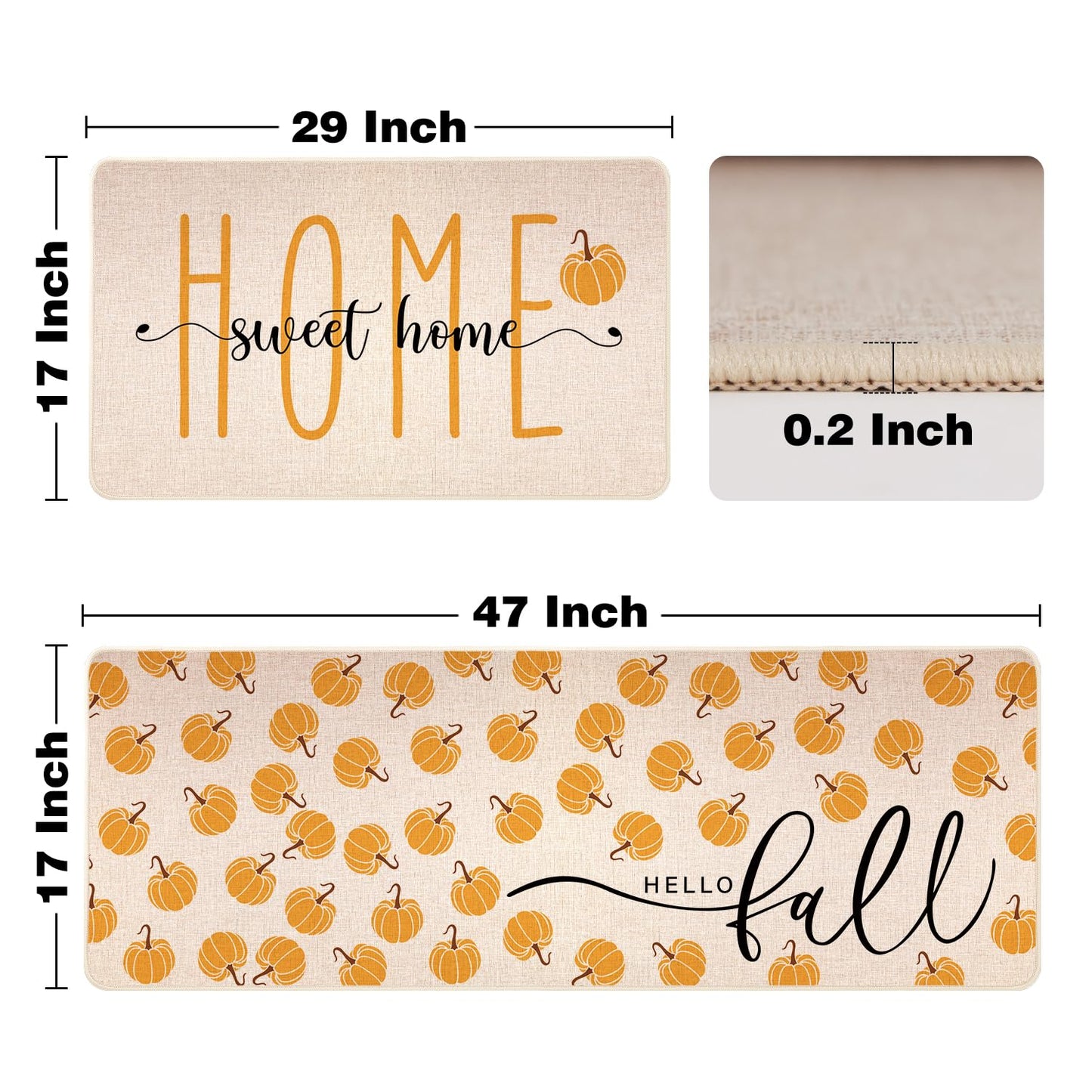 Siilues Fall Kitchen Mats Set of 2, Non-Slip Sweet Home Hello Fall Kitchen Rugs for Floor Seasonal Autumn Home Decor Low-Profile - 17x29 and 17x47 Inch