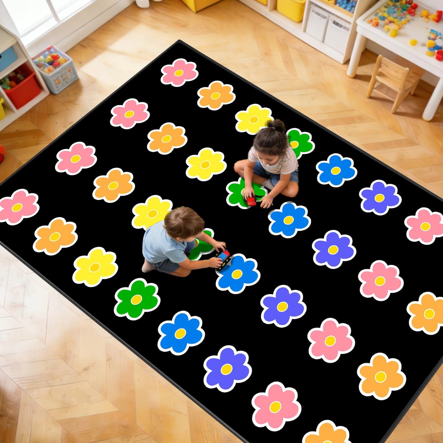 MAISONRINA Large Classroom Rugs Elementary, 7'7" x 13'1" Black Classroom Rug with Flowers Floral for Daycare& Playroom, Circle Time Carpet Educational Area Rugs for Preschool Library,Seats 32