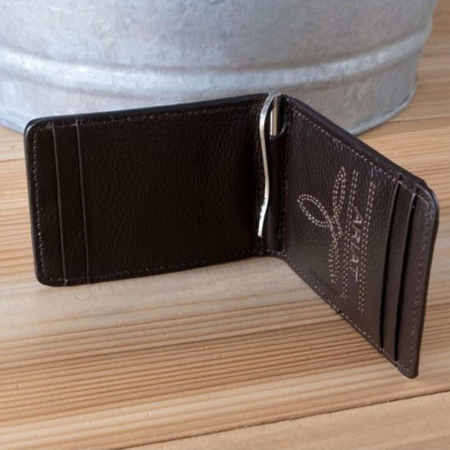 ARIAT Men's Wallet, Brown Genuine Leather, Money Clip Style, Distressed USA Flag, Shield Logo, Card Slots, ID Window