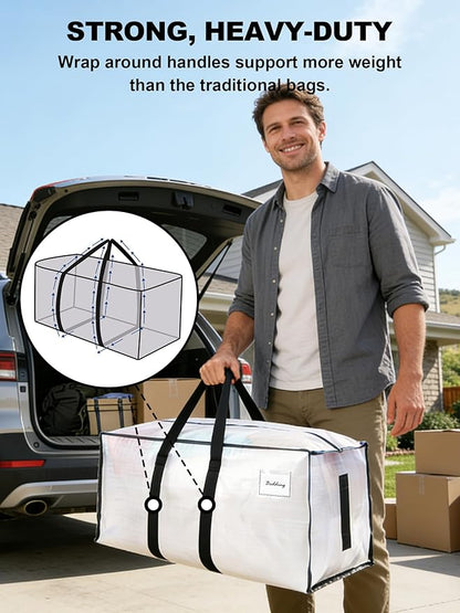 HOMESURE Supports 200lbs Heavy Duty Moving Bags - Strong Zipper & Wrap-Around Handles - Water-Resistant Storage Totes, Durable Alternative to Moving Boxes - 4 Pack - Semi-Transparent