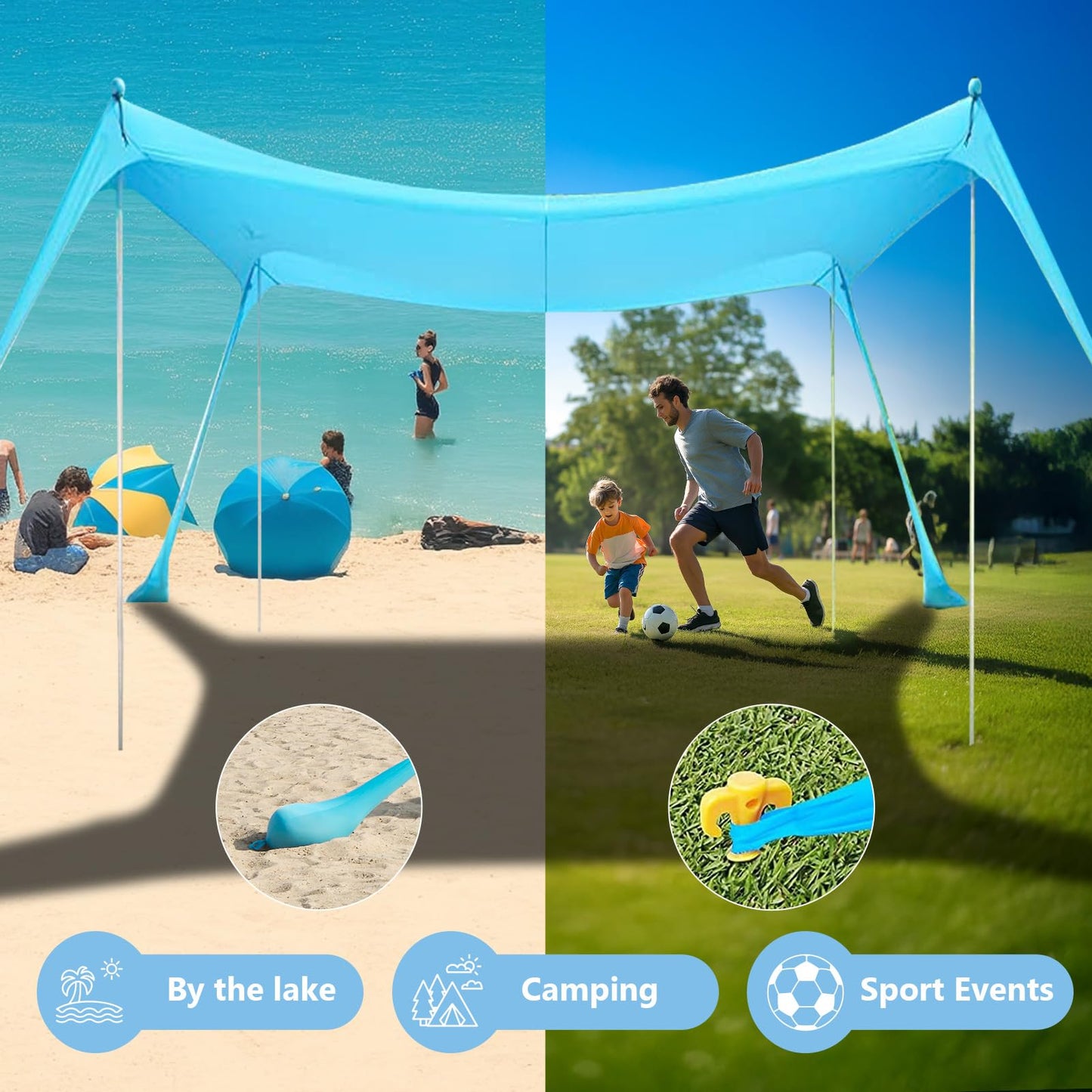 WILDPATH Beach Tent Sun Shelter 10 x 10FT with 8 Sandbags, UPF 50+ Protection Beach Shade Canopy, Eazy Up Portable Canopy Tent for Sun, Camping, Fishing, Backyard