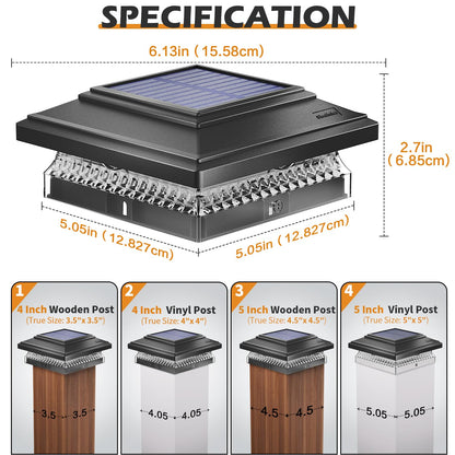 SIEDiNLAR Solar Post Cap Lights, 6 Pack 2 Modes 50 Lumens, 4x4 5x5 Wooden/Vinyl Posts Waterproof Outdoor Lighting for Deck Fence Patio, White/Warm (Black)