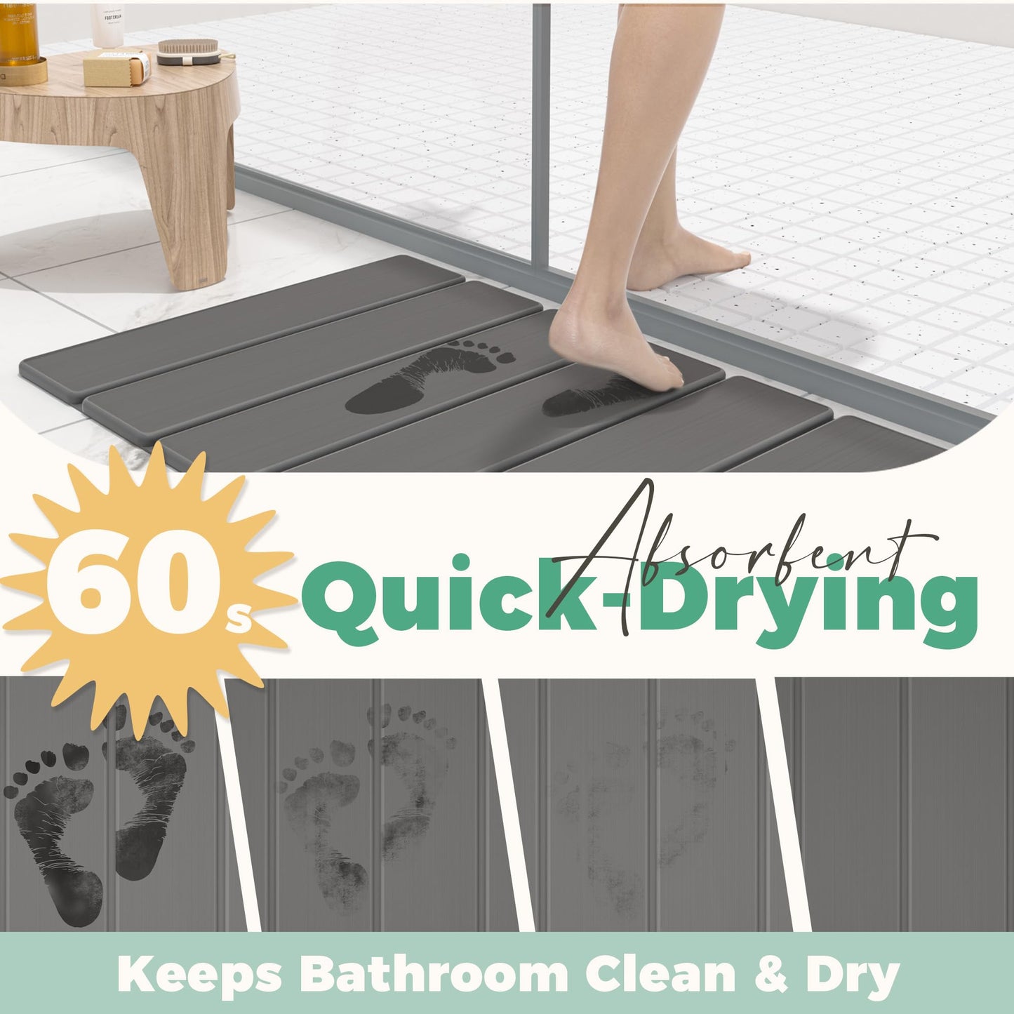 SYIPO Stone Bath Mat - Non-Slip Foldable Diatomite Bath Mat 23.6 x 15.3”, Super Absorbent & Quick Drying Bathroom Mat | Easy to Clean Shower Floor Mat, Dark Gray