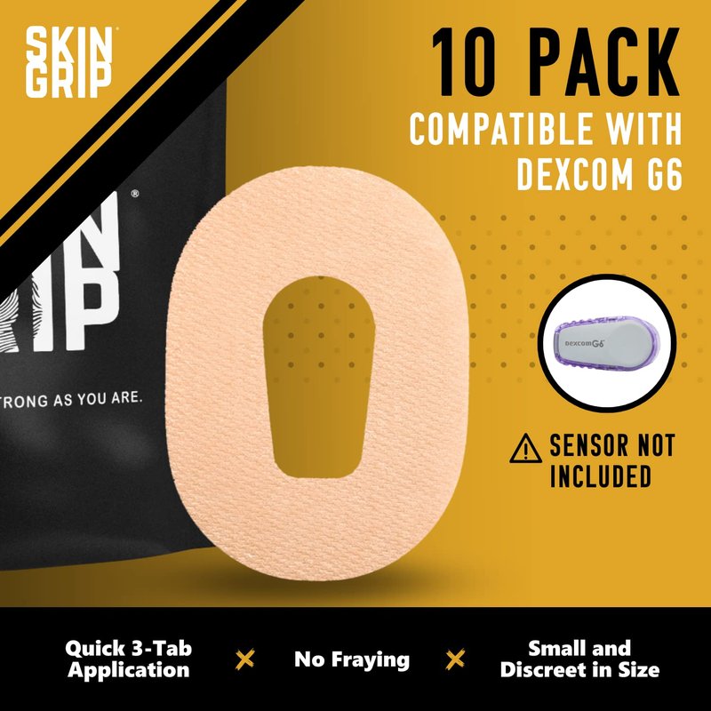 Skin Grip MAX Adhesive Patches Compatible with Dexcom G6 CGM – Pre-Cut, Non-Fraying, Extreme Adhesive Medical Tape – CGM Senor Cover, Waterproof & Sweatproof for 10-14 Days – 10 Pack, Tan