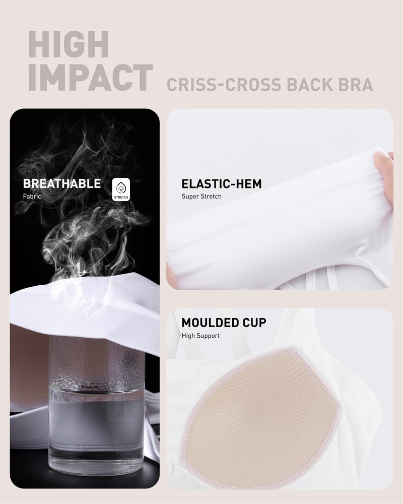 RUNNING GIRL High Impact Sports Bras for Women - Scoop Neck Strappy Sports Bra High Support Moulded Cup Workout Bra(WX3022 White M)