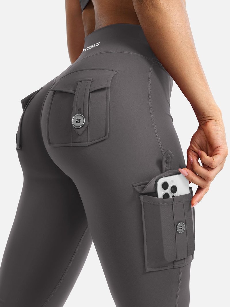 YEOREO CoreFlex Women Workout Flare Leggings with Pockets Hidden Scrunch High Waisted Cargo Gym Yoga Leggings Dark Grey XL