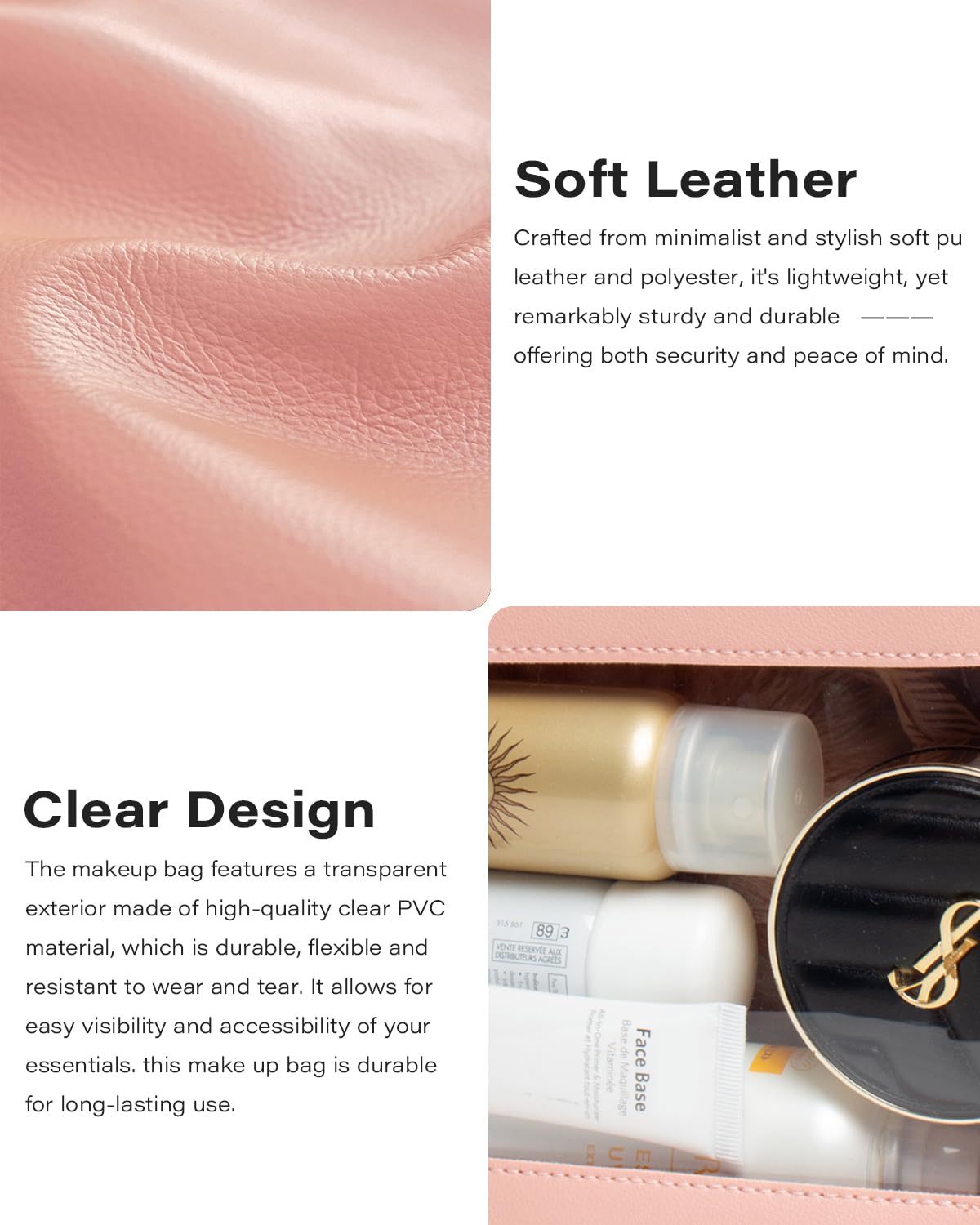 LETGO Clear Travel Makeup Brush Bag, Leather Portable Makeup Brush Bag Organizer Pouch Lipstick Bag Transparent Waterproof Makeup Bag Car Orangizer Storage Bag for Women (Dual Pink)