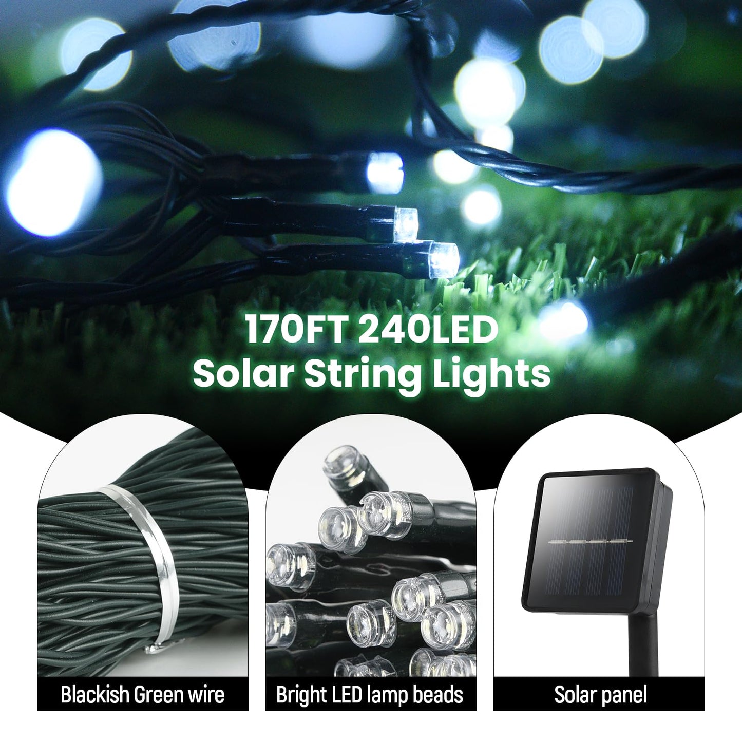 Dailyart Solar String Lights Outdoor, 2 Pack 240 Led Solar Fairy Lights for Outside Waterproof 170ft Cool White Solar Lights 8 Lighting Mode Solar String Lights for Outside,Garden,Courtyards,Trees