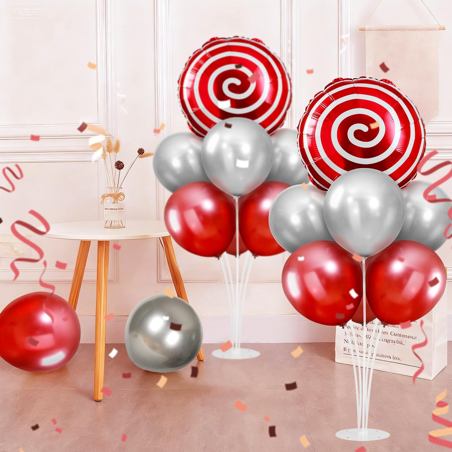 2 Sets Red White Lollipop Balloon Stand Kit, 18 Inch Swirl Foil Balloons Table Centerpieces for Candyland Birthday Party Decorations, Baby Shower, Sweet Candy Themed Party Supplies-Red