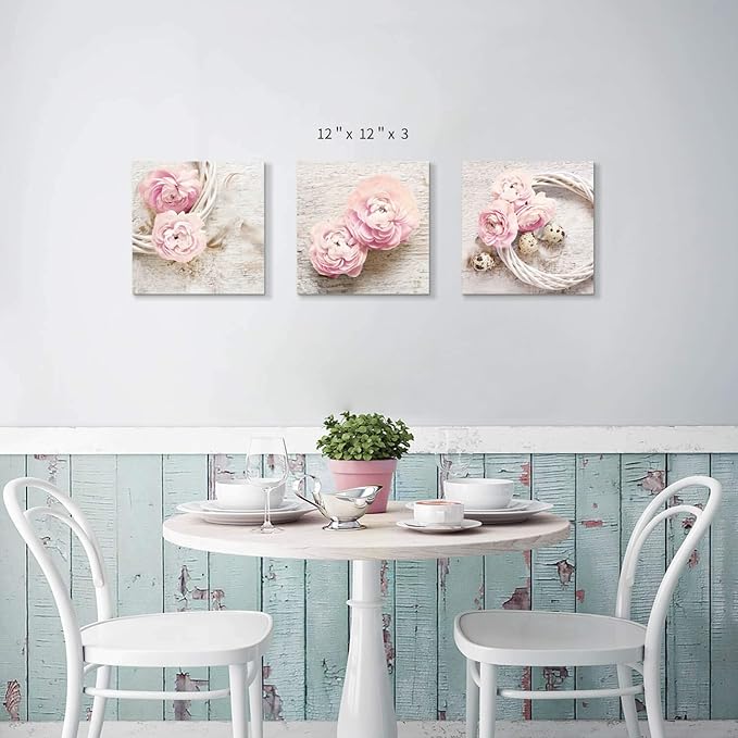 Floral Picture Canvas Wall Art: Pink Peony Flower Wreath Photographic Prints for Decor (12”x12”x3pcs)