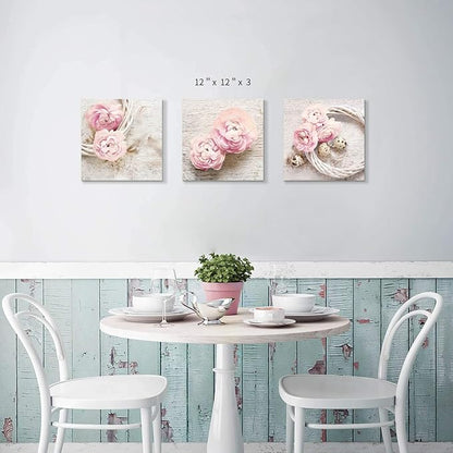 Floral Picture Canvas Wall Art: Pink Peony Flower Wreath Photographic Prints for Decor (12”x12”x3pcs)