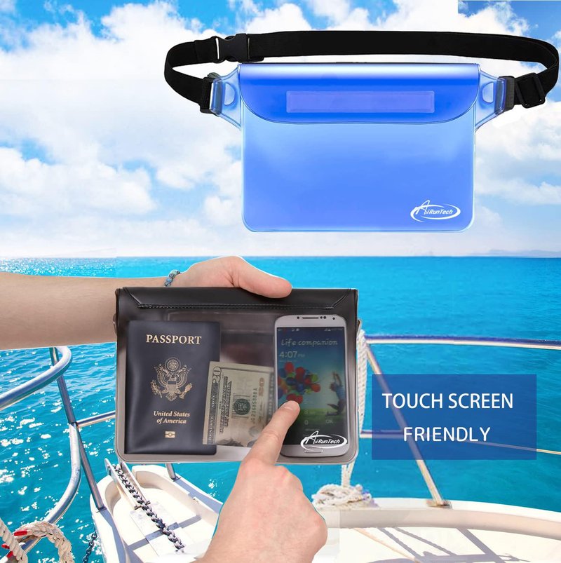AiRunTech Waterproof Pouch with Waist Strap (2 Pack) | Beach Accessories Best Way to Keep Your Phone and Valuables Safe and Dry | Perfect for Boating Swimming Snorkeling Kayaking Beach Pool(Grey+Blue)