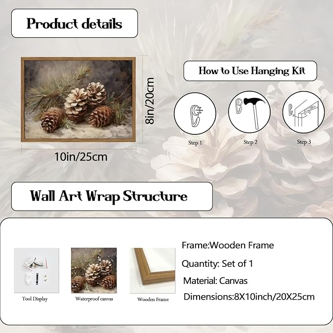 Framed Vintage Christmas Canvas Wall Art, Pine Cones Wall Decor Paintings, Winter Holiday Aesthetic Pictures Prints Rustic Home Decor for Living Room Bedroom Farmhouse 8×10 inch
