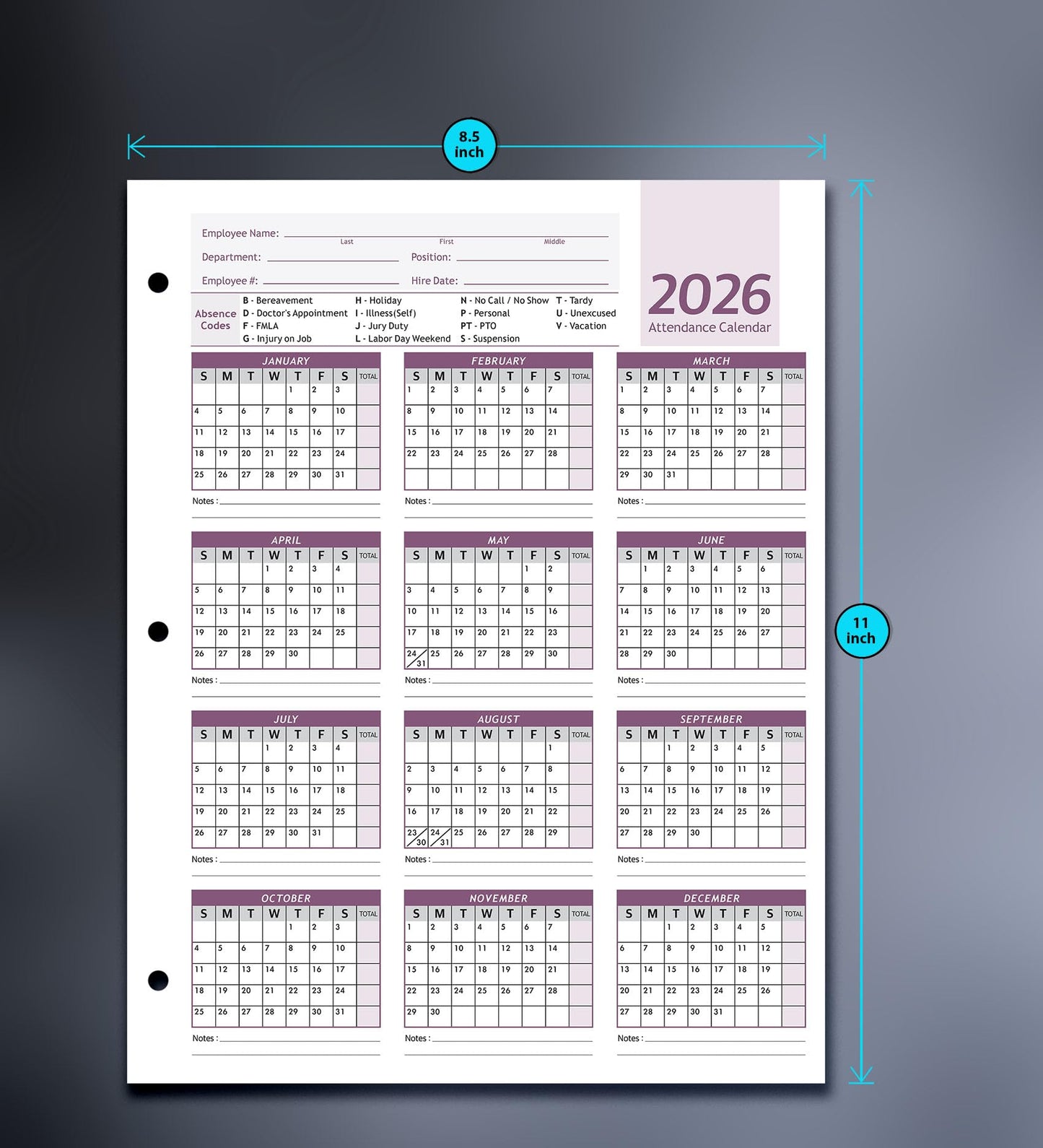 Attendance Calendar Employee Card Attendance Record Tracker 2026, Heavy 100lb Cardstock Paper 8.5 x 11 inches (Purple, Pack of 25 Sheets)
