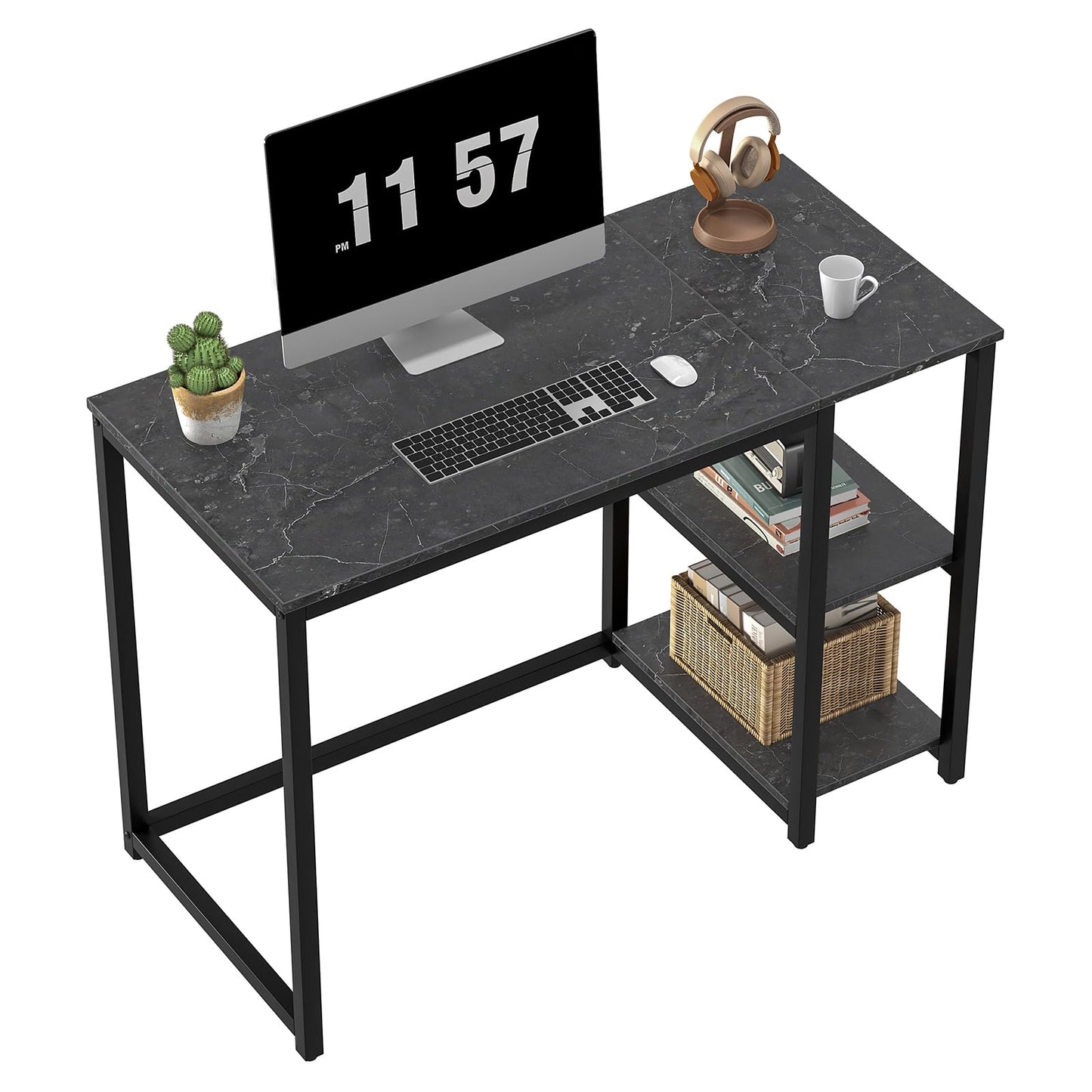 SINPAID Computer Desk 40 inches with 2-Tier Shelves Sturdy Home Office Desks with Large Storage Space Modern Gaming Desk Study Writing Laptop Table, Black Marble