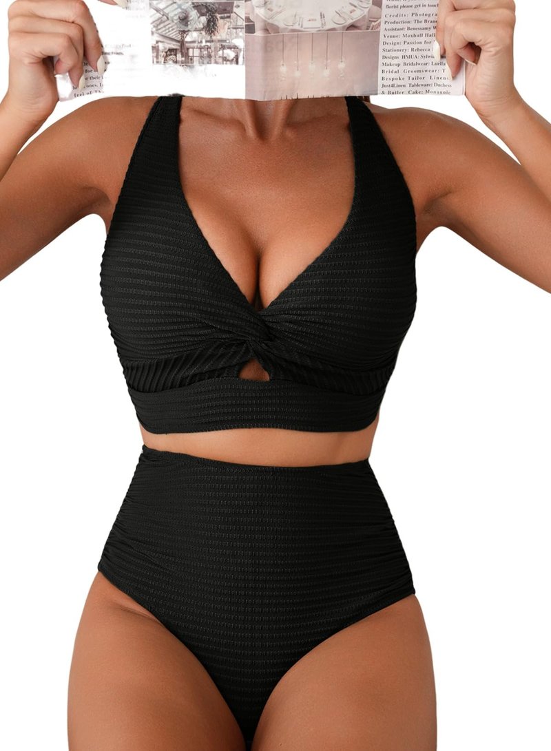 Herseas Black Textured Bikini Sets for Women Twist Front Push Up Top Swim Suits 2026 Summer High Waisted 2 Piece Girls Bathing Suits Flattering Beach Vacation Outfits Medium