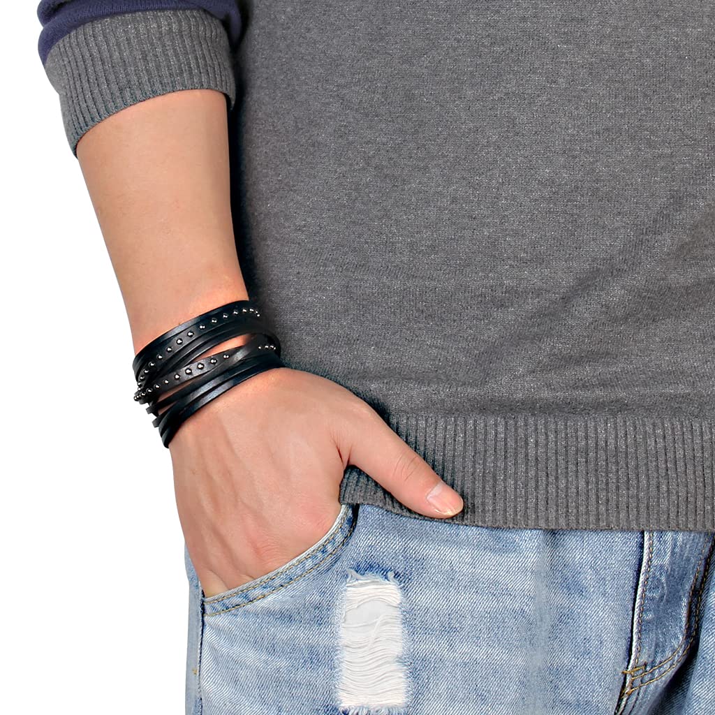 GelConnie Black Spike Leather Bracelet Rivet Cuff Bangle Multilayer Wrap Bracelets Punk Jewelry for Women, Men