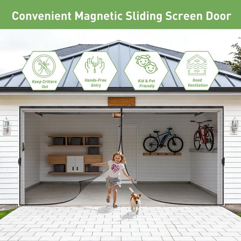Sliding Garage Door Screen with Track, Garage Screen Doors for 1 Car Garage, 8x7 Ft Retractable Garage Net Screen, Smooth-Gliding, Magnetic Closure, Easy to Install, Black